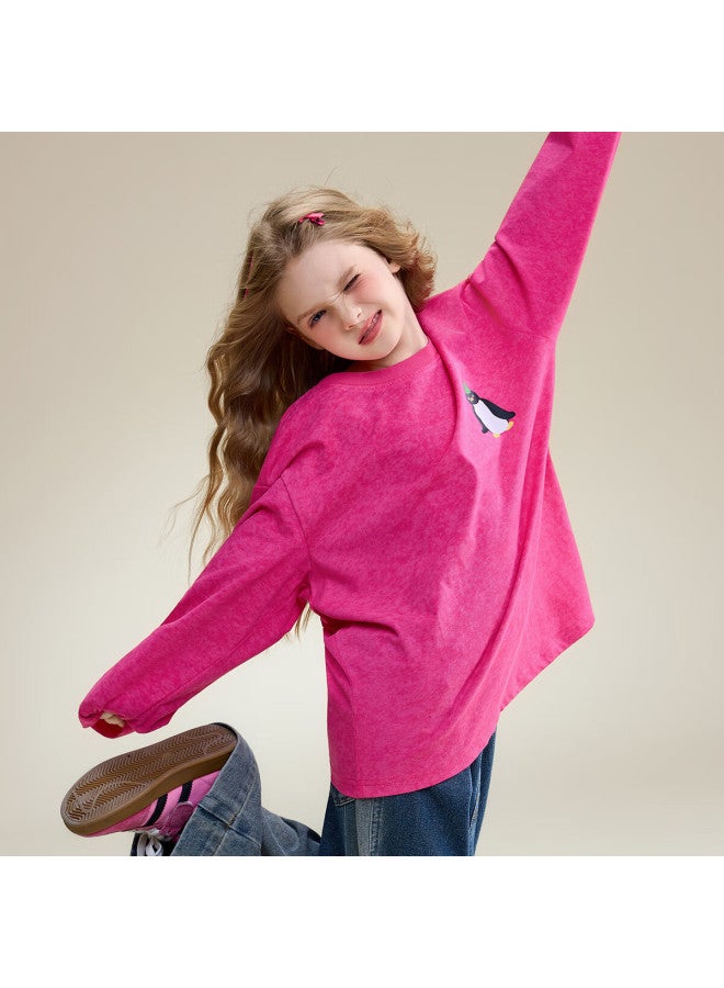 Ask Junior Kids Long Sleeve T-shirt Spring Wear Big Kids Base Shirt Girls Sports Casual Top Rose Pink 120