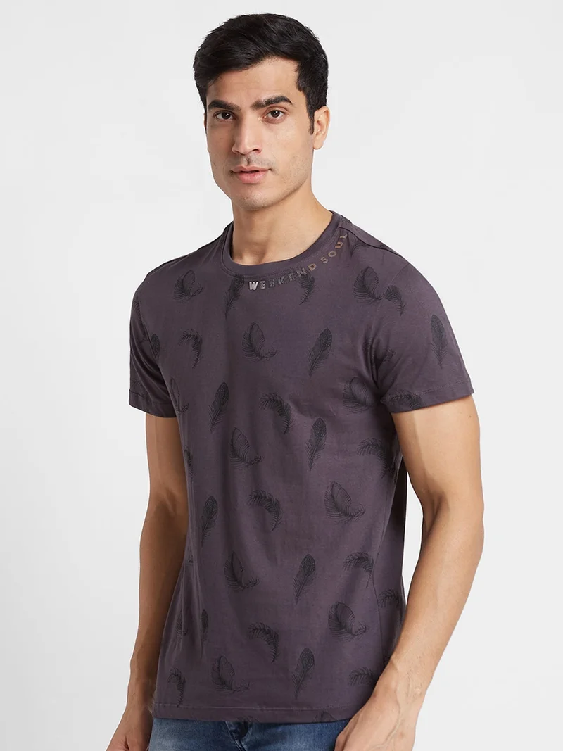 globus Globus Men Grey Printed Round Neck Cotton Regular Fit Casual T-shirt