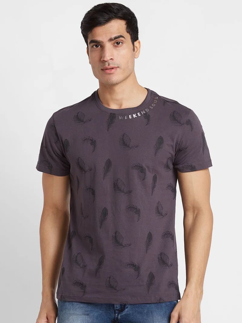 globus Globus Men Grey Printed Round Neck Cotton Regular Fit Casual T-shirt