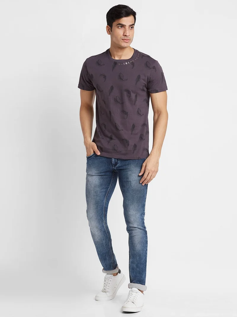 globus Globus Men Grey Printed Round Neck Cotton Regular Fit Casual T-shirt
