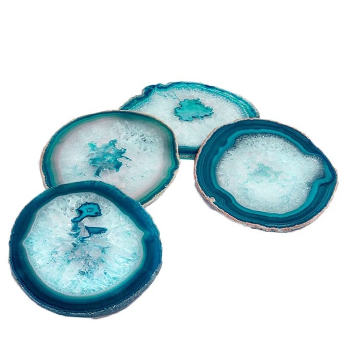 Teal Agate Coasters for Drinks Set of 4 Geode Crystal Quartz Rock Slices With Rubber Bumpers 335