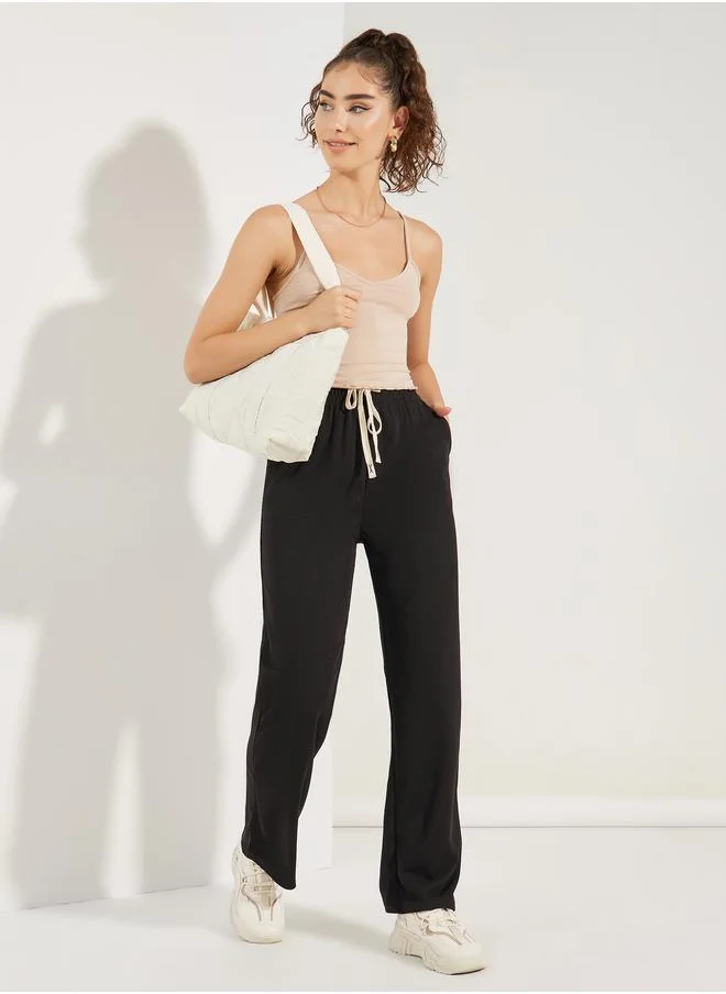 ستايلي Ribbed Straight Leg Pants with Drawstring