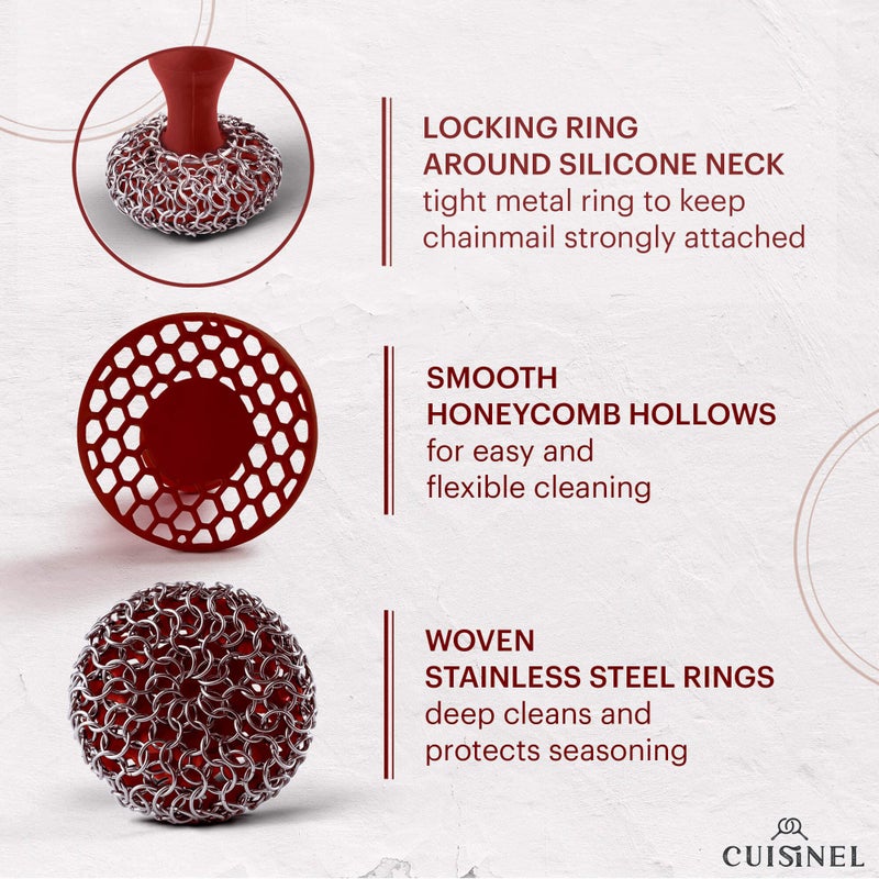 Cuisinel Cast Iron Chainmail Scrubber + Pan Scraper - The Patented Original Ergonomic Stainless & Silicone Pot & Skillet Cleaner - Premium Food-Safe Design - Easy Clean Dishwasher Safe Cookware Sponge - Image 5