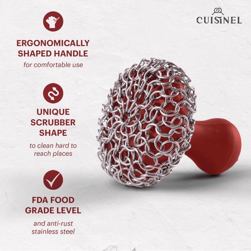 Cuisinel Cast Iron Chainmail Scrubber + Pan Scraper - The Patented Original Ergonomic Stainless & Silicone Pot & Skillet Cleaner - Premium Food-Safe Design - Easy Clean Dishwasher Safe Cookware Sponge - Image 3