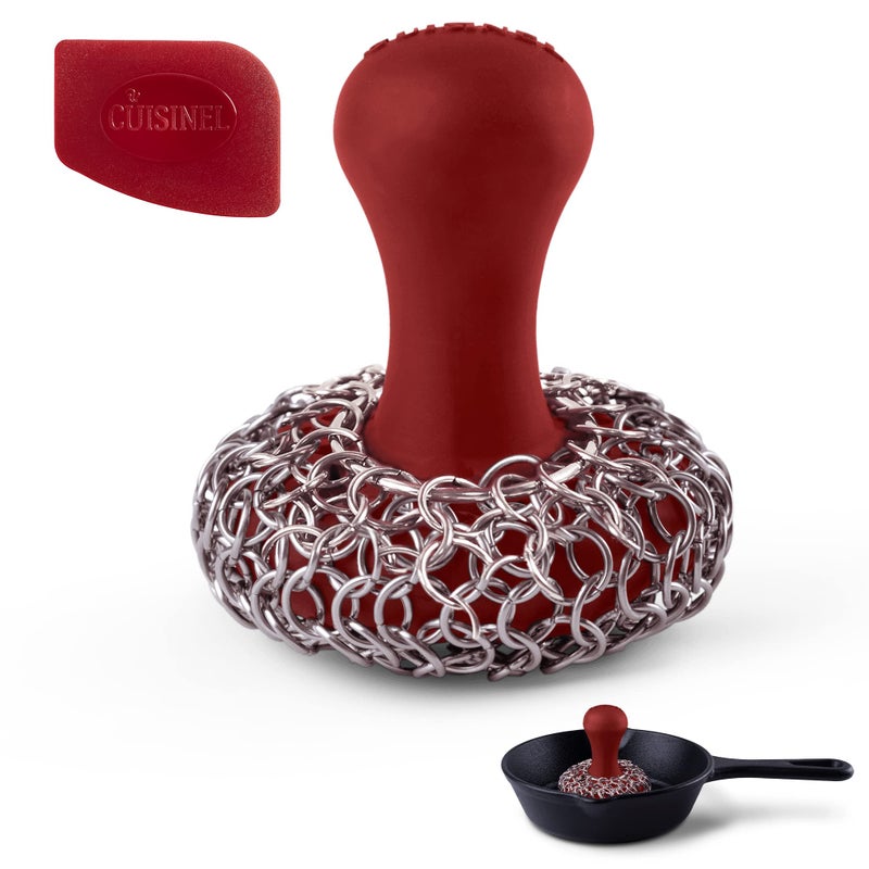 Cuisinel Cast Iron Chainmail Scrubber + Pan Scraper - The Patented Original Ergonomic Stainless & Silicone Pot & Skillet Cleaner - Premium Food-Safe Design - Easy Clean Dishwasher Safe Cookware Sponge - Image 1