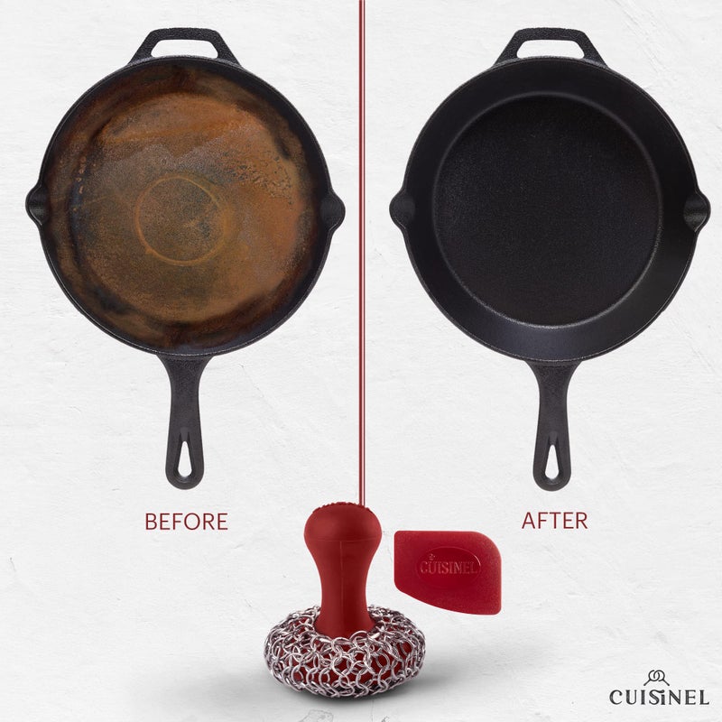 Cuisinel Cast Iron Chainmail Scrubber + Pan Scraper - The Patented Original Ergonomic Stainless & Silicone Pot & Skillet Cleaner - Premium Food-Safe Design - Easy Clean Dishwasher Safe Cookware Sponge - Image 2