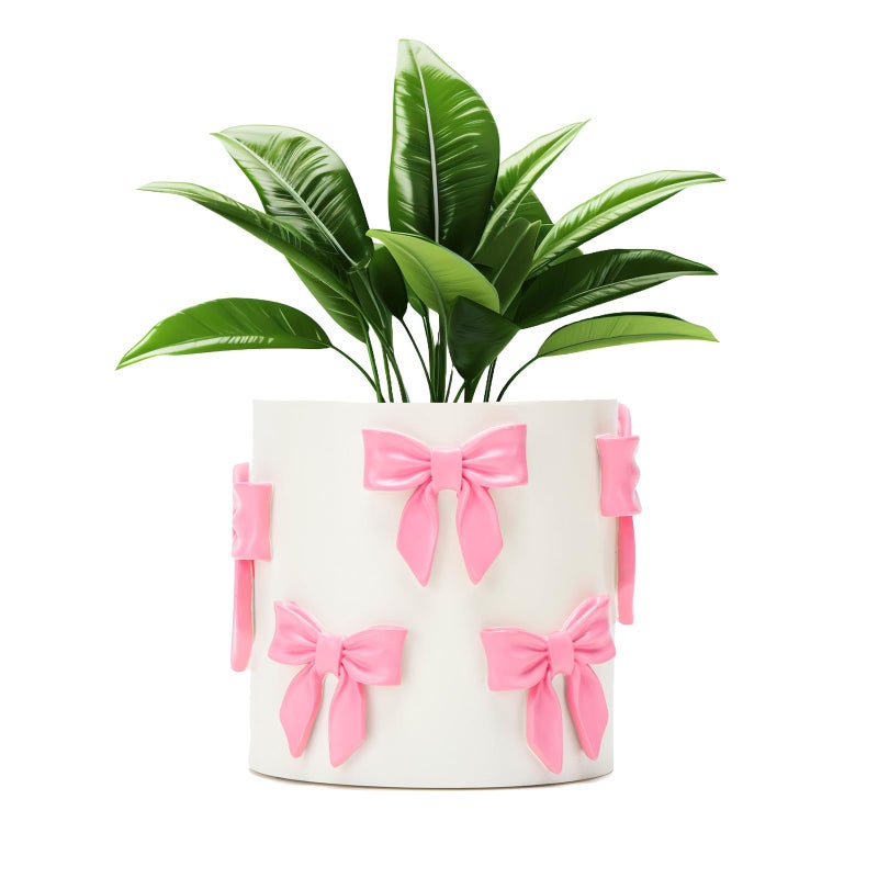 Stylor Pink Bow Planter Coquette Bow Room Decor for Teen Girls Decorative Cute Flower Pot with Drainage Hole Resin Planters for Indoor Plants Girly Gardening Pot for Home Aesthetic