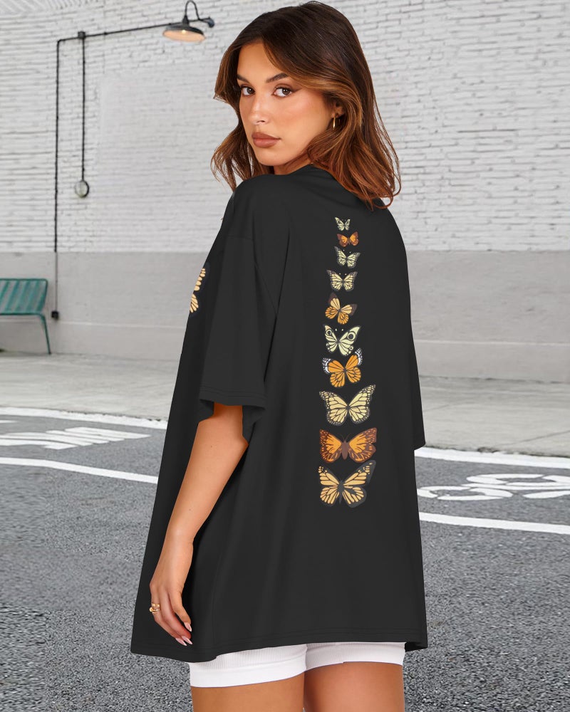 rosemia Womens Oversized Tshirt Graphic Tees Crew Neck Summer Short Sleeve Loose Fit Tops (A-Butterfly Print Black, L) - Image 3