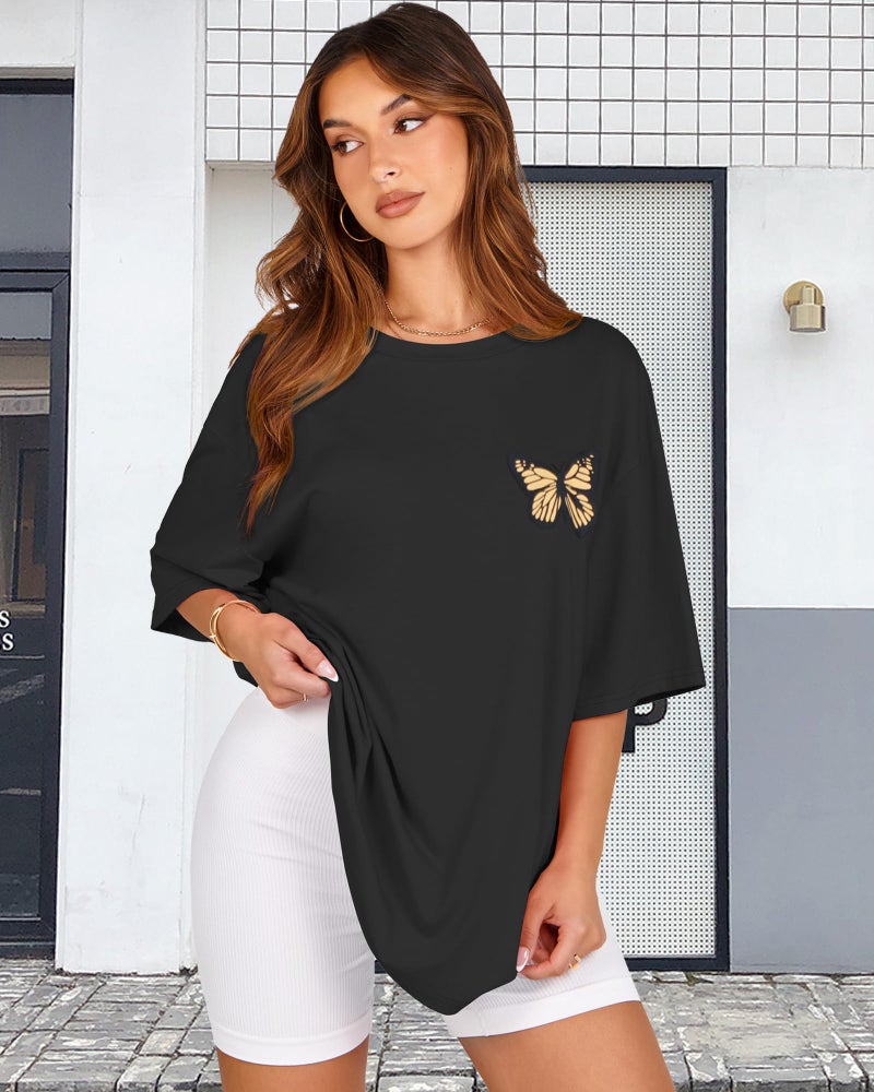 rosemia Womens Oversized Tshirt Graphic Tees Crew Neck Summer Short Sleeve Loose Fit Tops (A-Butterfly Print Black, L) - Image 4