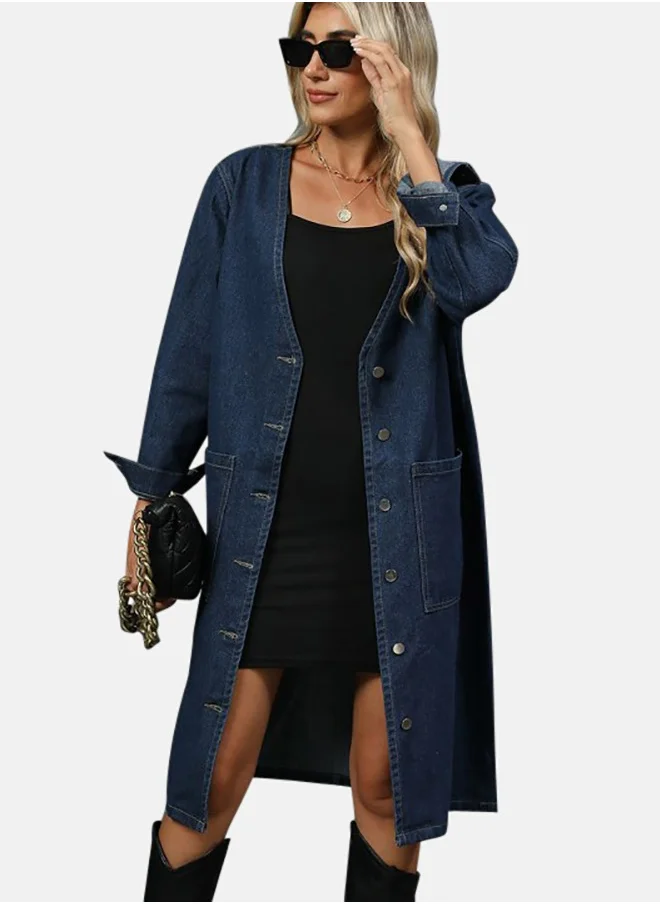 يونيكي Blue Open front Long Sleeve Denim Jacket