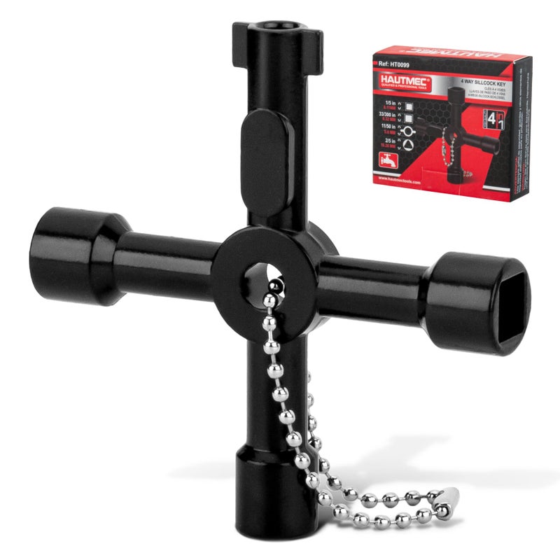 HAUTMEC 4 Way Sillcock Water Key Multifunctional Universal Cross Water Spigot Key Zinc Alloy Plumbers Electricians Valve Tools Black Silcock Key 4 Way