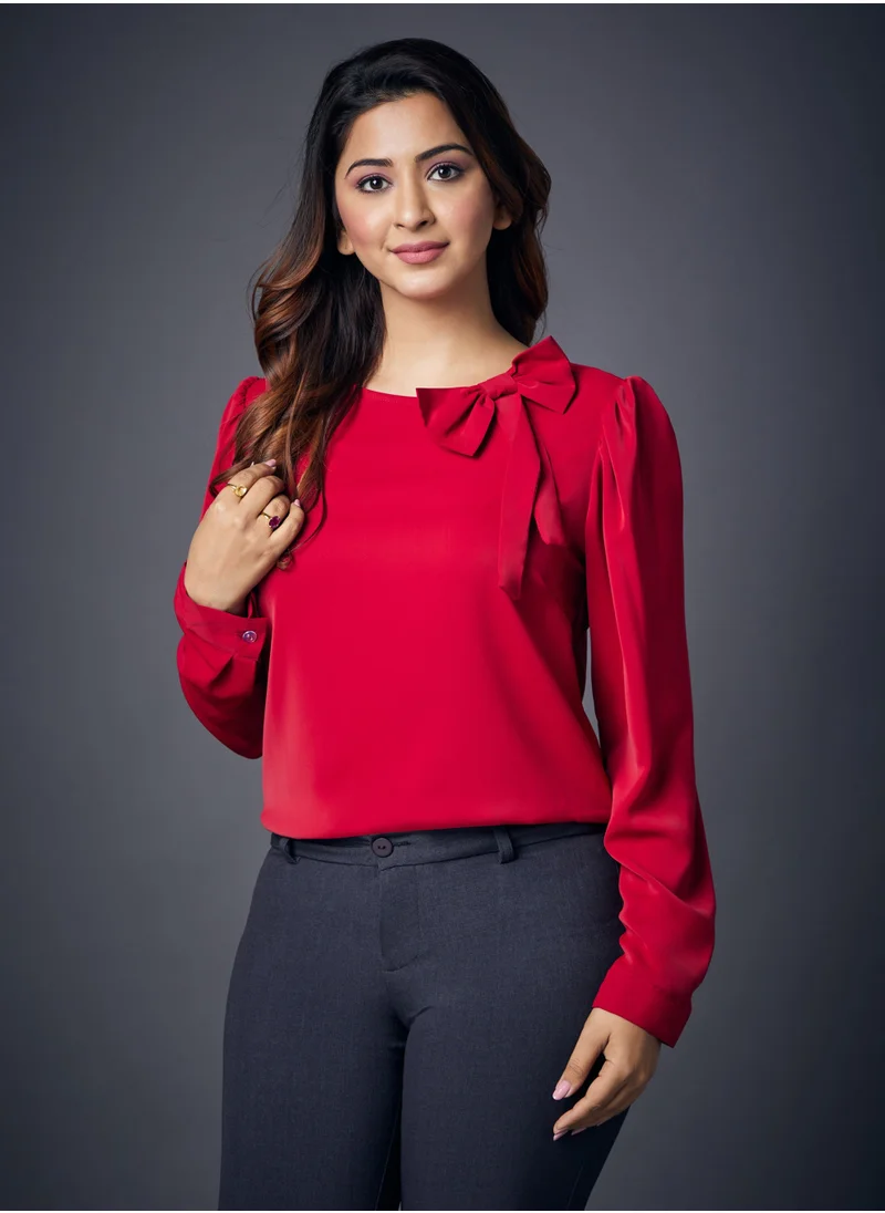 Zigzag Neck Bow Long Sleeve Top Maroon
