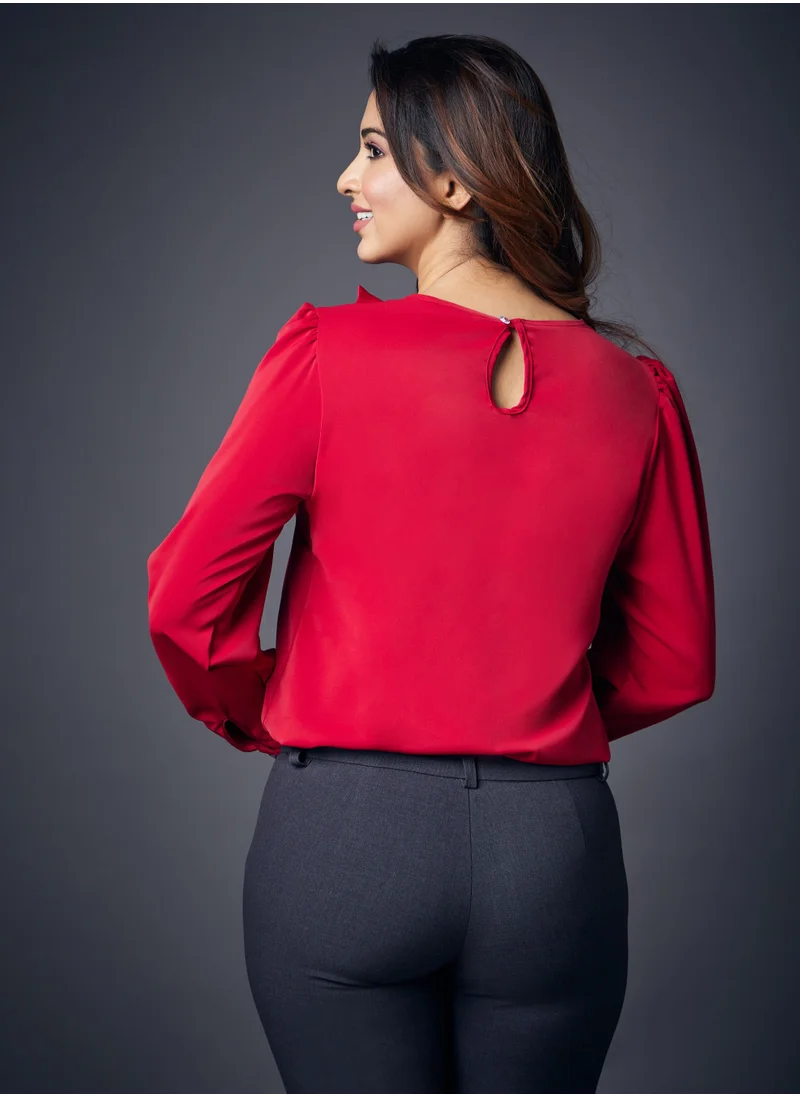Zigzag Neck Bow Long Sleeve Top Maroon