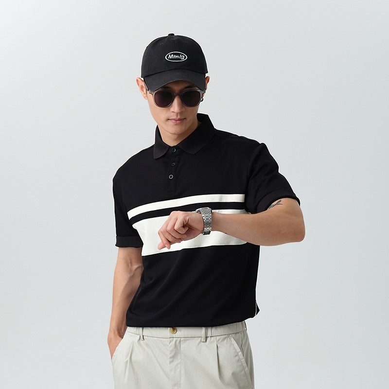 2024 Summer Mens Striped Polo Casual Elastic Tee Brown  - Image 3