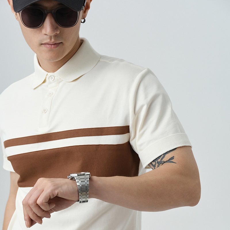 2024 Summer Mens Striped Polo Casual Elastic Tee Brown  - Image 2