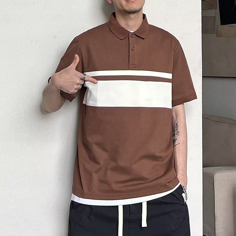 2024 Summer Mens Striped Polo Casual Elastic Tee Brown  - Image 1