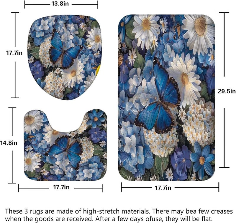 Pretyw 4 Pcs Romantic Blue Butterfly Shower Curtain Set White Flowers Bathroom Sets Modern Home Bathroom Decor with Rugs and Toilet Lid Cover - Image 4