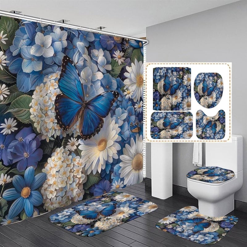 Pretyw 4 Pcs Romantic Blue Butterfly Shower Curtain Set White Flowers Bathroom Sets Modern Home Bathroom Decor with Rugs and Toilet Lid Cover - Image 1