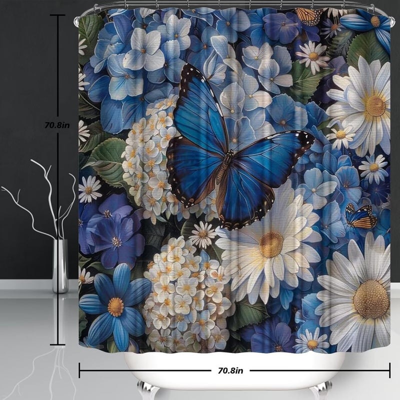 Pretyw 4 Pcs Romantic Blue Butterfly Shower Curtain Set White Flowers Bathroom Sets Modern Home Bathroom Decor with Rugs and Toilet Lid Cover - Image 3