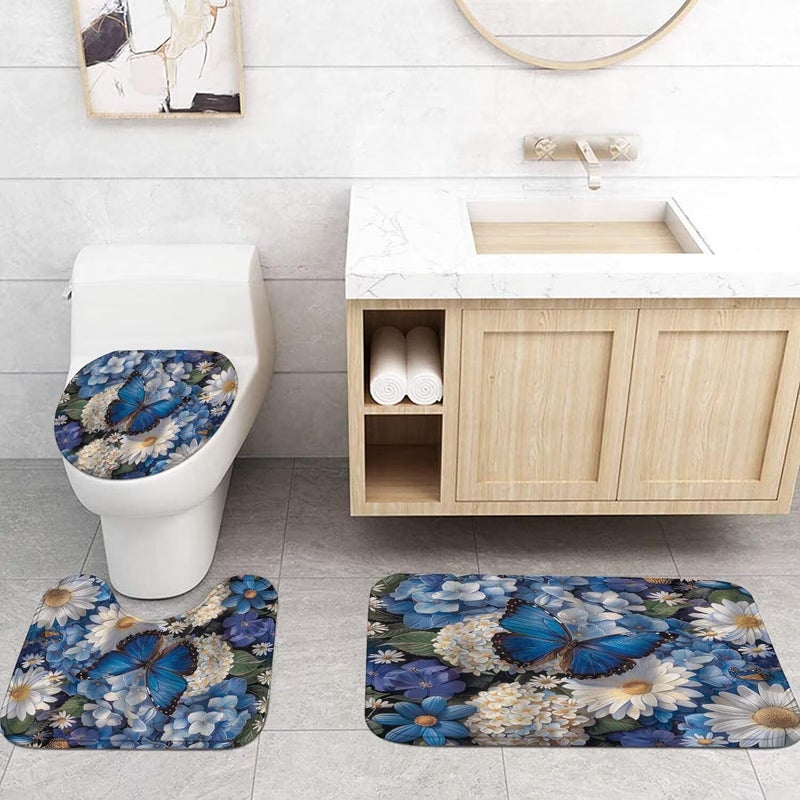 Pretyw 4 Pcs Romantic Blue Butterfly Shower Curtain Set White Flowers Bathroom Sets Modern Home Bathroom Decor with Rugs and Toilet Lid Cover - Image 2