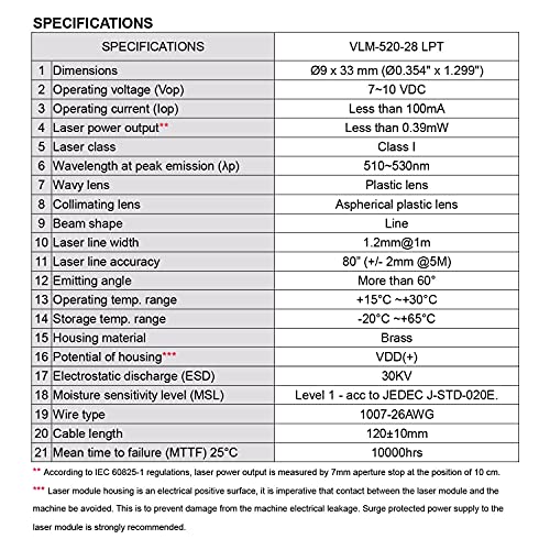 Quarton Green Line Laser Module VLM-520-28 LPT, Class 1, Emitting Angle > 60°, Ultra-Thin 1.2mm laser line at 1 meter, Operation voltage 7-10V DC - Image 4
