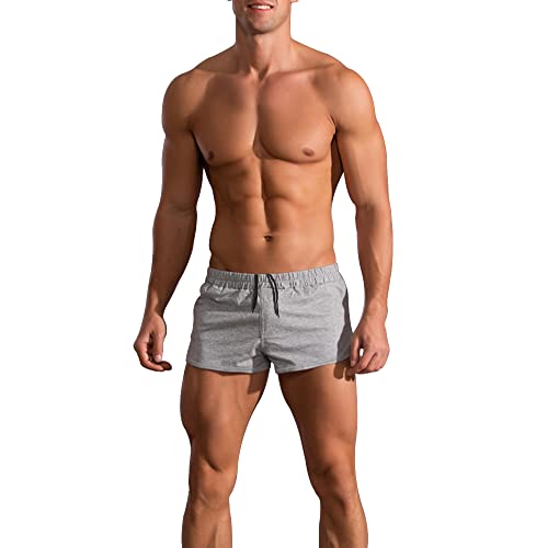 palglg Mens Bodybuilding Shorts 3 Inch Inseam Drawstring Closure Cotton PLN Grey M - Image 1