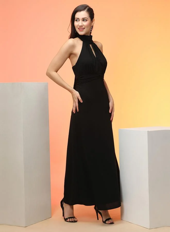globus Black Tie-Up Halter Neck A-Line Maxi Dress