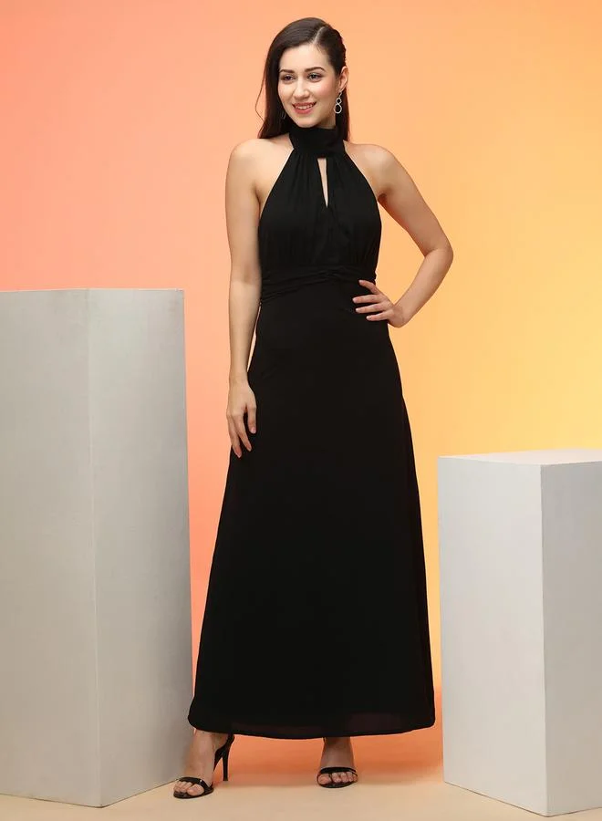 globus Black Tie-Up Halter Neck A-Line Maxi Dress