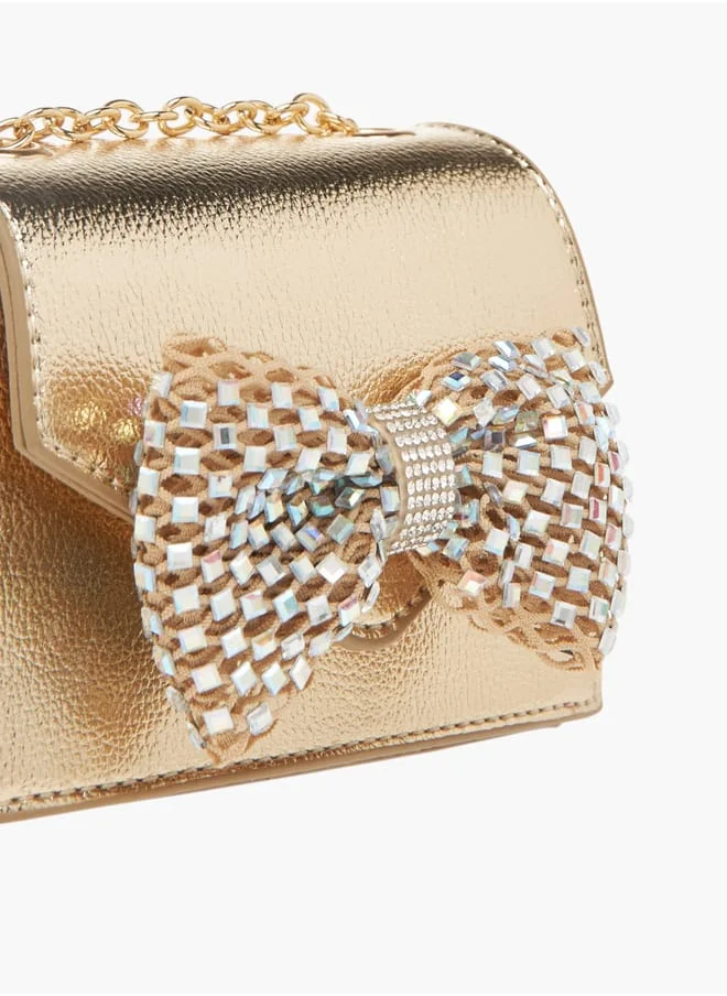 Celeste Girls Bow Embellished Crossbody Bag with Chain Strap and Button Closure