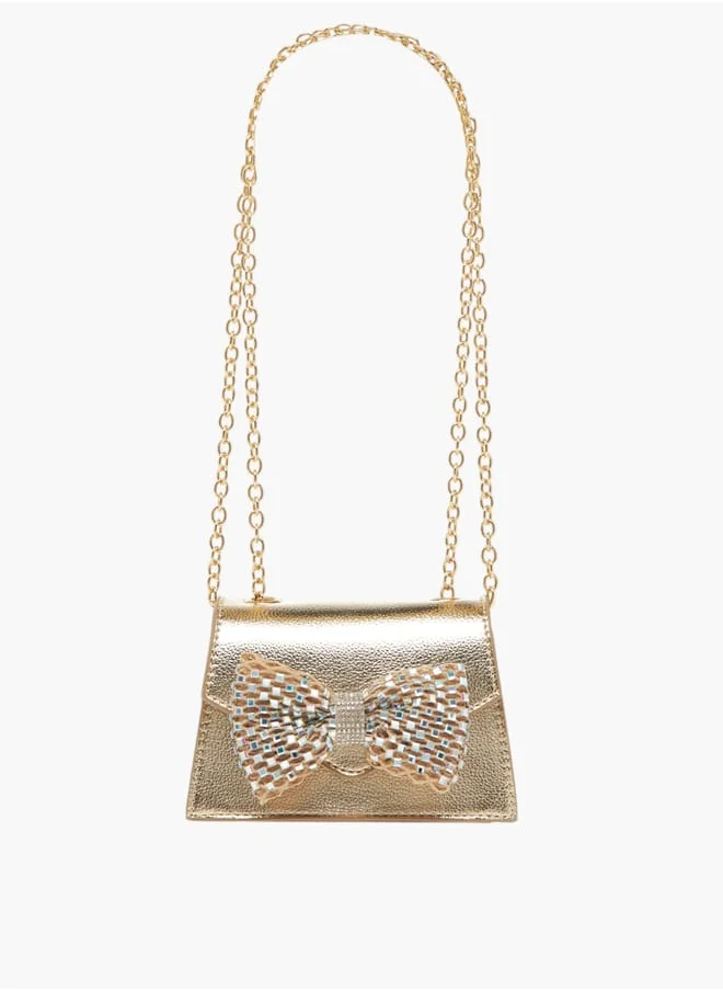 Celeste Girls Bow Embellished Crossbody Bag with Chain Strap and Button Closure