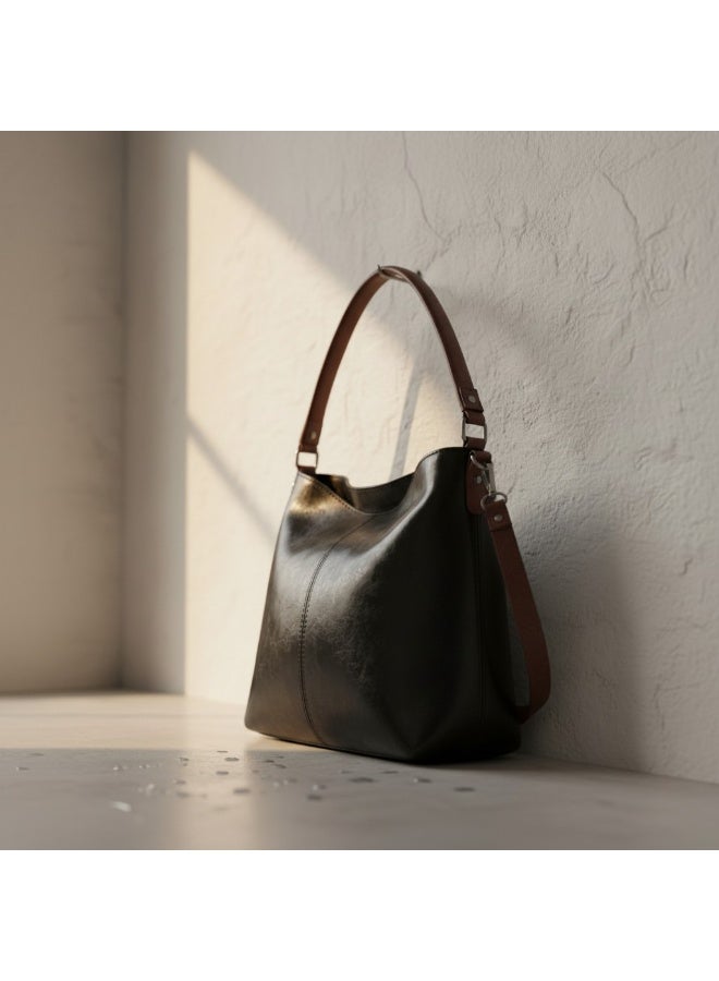 Handmade Women's Black Leather Shoulder Bag - Elegant Hobo Design with Tan Straps - Spacious Casual & Trendy Handbag - Image 3
