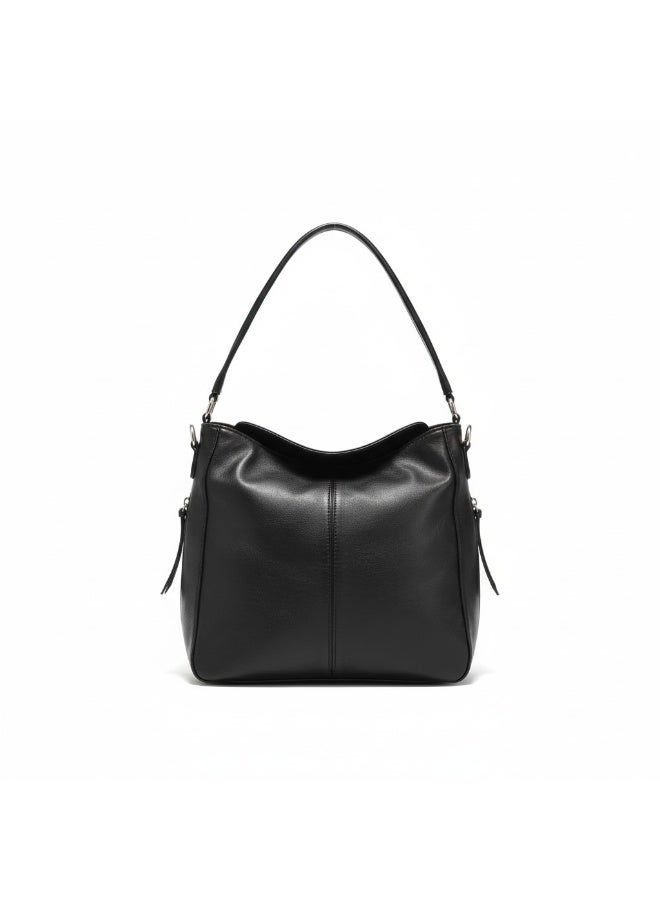 Handmade Women's Black Leather Shoulder Bag - Elegant Hobo Design with Tan Straps - Spacious Casual & Trendy Handbag - Image 1