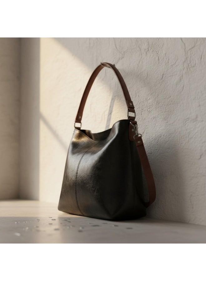 Handmade Women's Black Leather Shoulder Bag - Elegant Hobo Design with Tan Straps - Spacious Casual & Trendy Handbag - Image 4