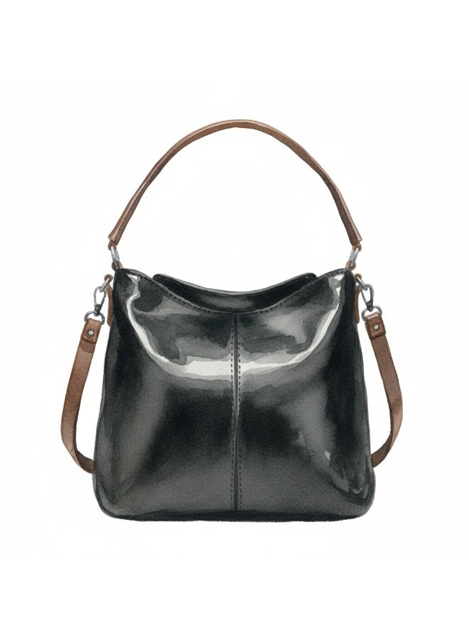 Handmade Women's Black Leather Shoulder Bag - Elegant Hobo Design with Tan Straps - Spacious Casual & Trendy Handbag - Image 2