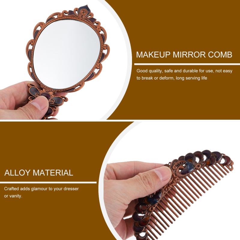1 Set Vintage Mirror Comb Set Retro Pattern Portable Makeup Mirror Comb Set - Image 3