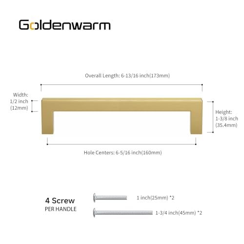 goldenwarm 10 Pack Gold Cabinet Pulls Square Kitchen Hardware Handles - LSJ12GD160 Brushed Brass Pulls for Cabinets Closet Square Cupboard Bathroom Desk Door Knobs 6-1/4in(160mm) Hole Centers - Image 2