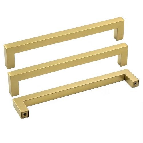 goldenwarm 10 Pack Gold Cabinet Pulls Square Kitchen Hardware Handles - LSJ12GD160 Brushed Brass Pulls for Cabinets Closet Square Cupboard Bathroom Desk Door Knobs 6-1/4in(160mm) Hole Centers - Image 1