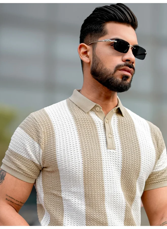 مانياك Maniac Mens Half Sleeve Beige and White Aristripe Flat Knit Cotton Polo T-Shirt