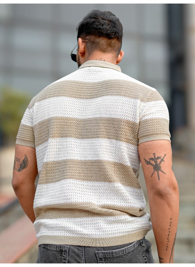 Maniac Maniac Mens Half Sleeve Beige and White Aristripe Flat Knit Cotton Polo T-Shirt  - Image 4