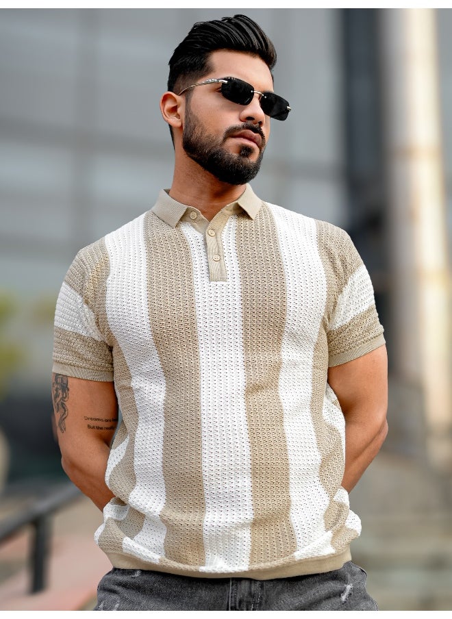 Maniac Maniac Mens Half Sleeve Beige and White Aristripe Flat Knit Cotton Polo T-Shirt  - Image 3