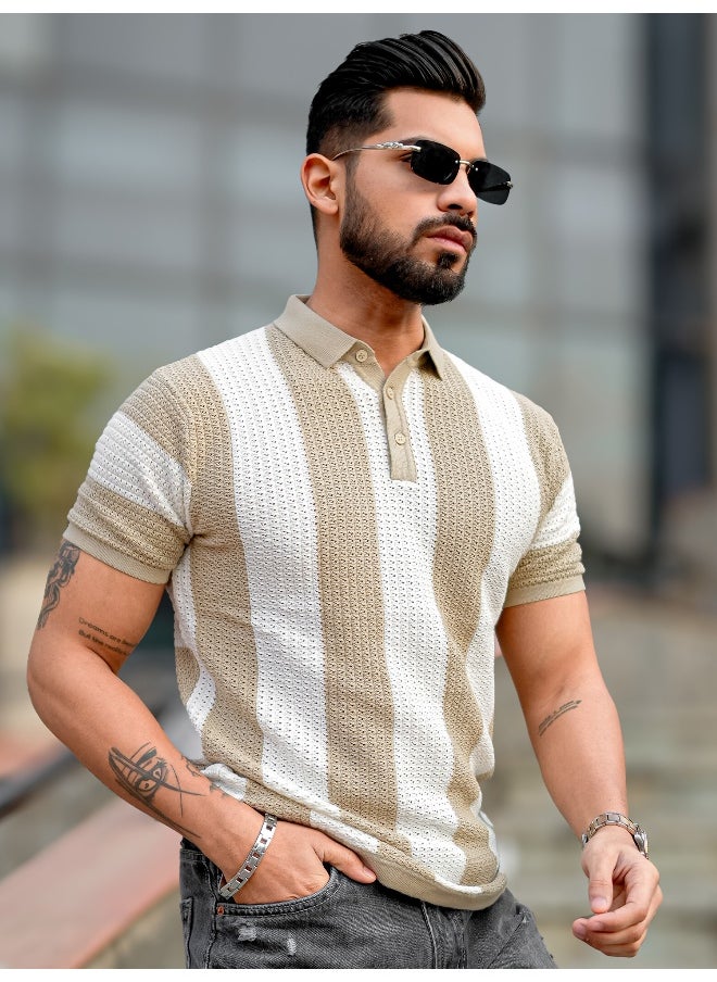 Maniac Maniac Mens Half Sleeve Beige and White Aristripe Flat Knit Cotton Polo T-Shirt  - Image 5