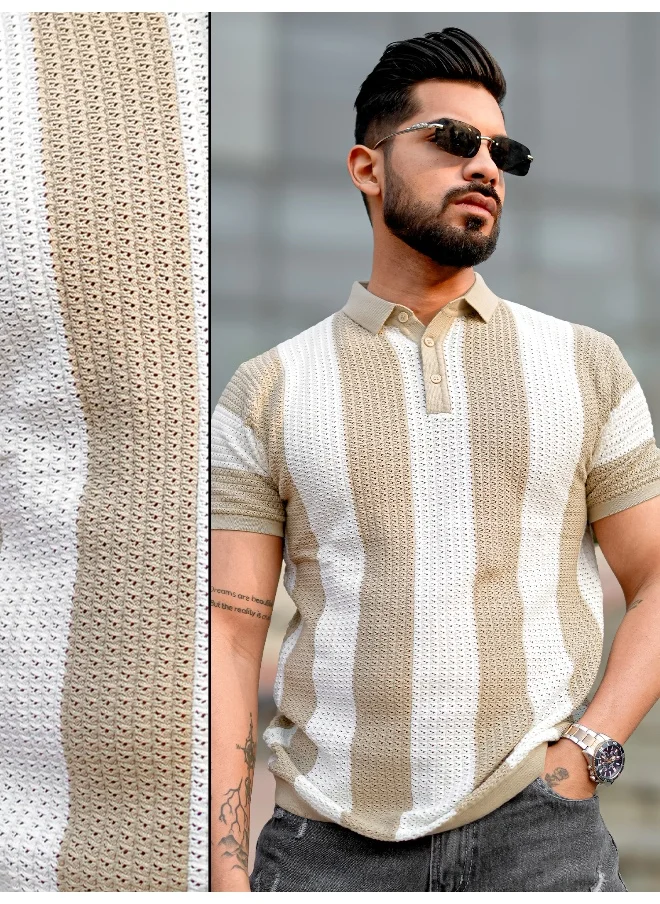 مانياك Maniac Mens Half Sleeve Beige and White Aristripe Flat Knit Cotton Polo T-Shirt