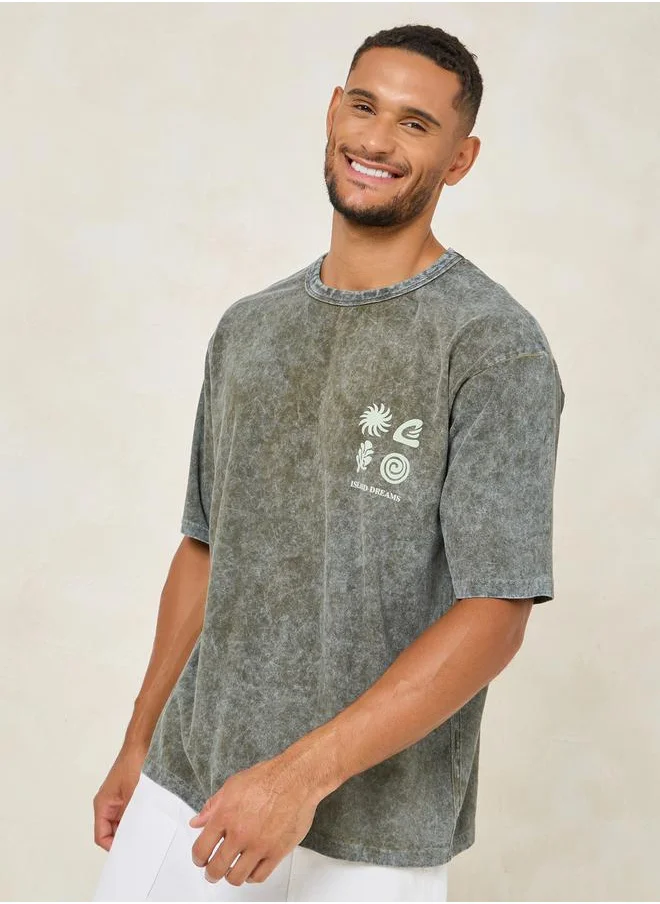 ستايلي Acid Washed Heavy Weight Printed Oversized T-Shirt