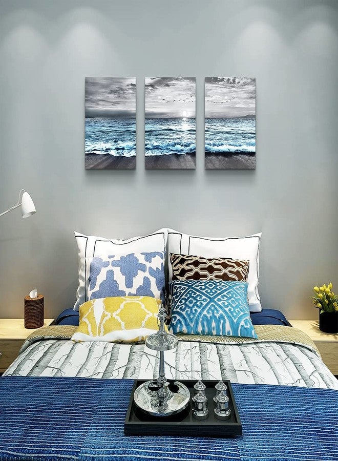 DZRWUBHS Wall Decorations For 3 Piece Framed Canvas Art Bedroom Office Decor Black &White Painting Blue Ocean Sea Wave Pictures Artwork Modern Beach Posters Home Decor,Blue Ocean Landscape Paintings - Image 5