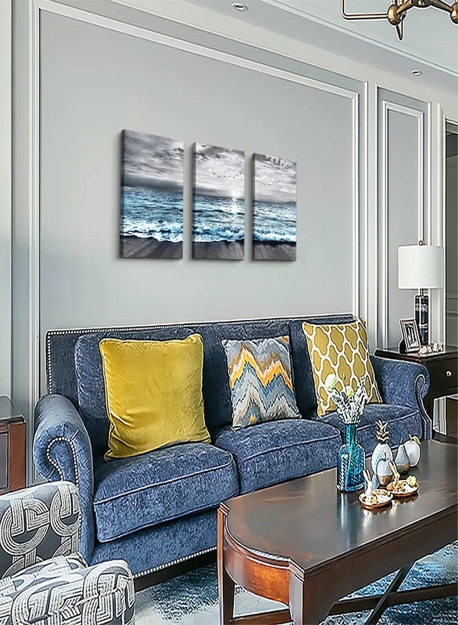 DZRWUBHS Wall Decorations For 3 Piece Framed Canvas Art Bedroom Office Decor Black &White Painting Blue Ocean Sea Wave Pictures Artwork Modern Beach Posters Home Decor,Blue Ocean Landscape Paintings - Image 2