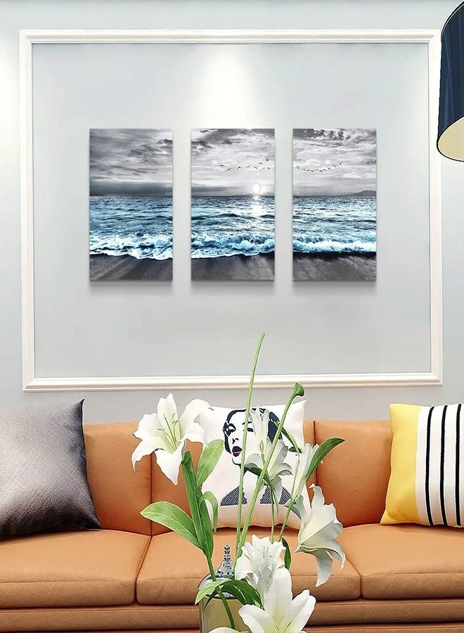 DZRWUBHS Wall Decorations For 3 Piece Framed Canvas Art Bedroom Office Decor Black &White Painting Blue Ocean Sea Wave Pictures Artwork Modern Beach Posters Home Decor,Blue Ocean Landscape Paintings - Image 3