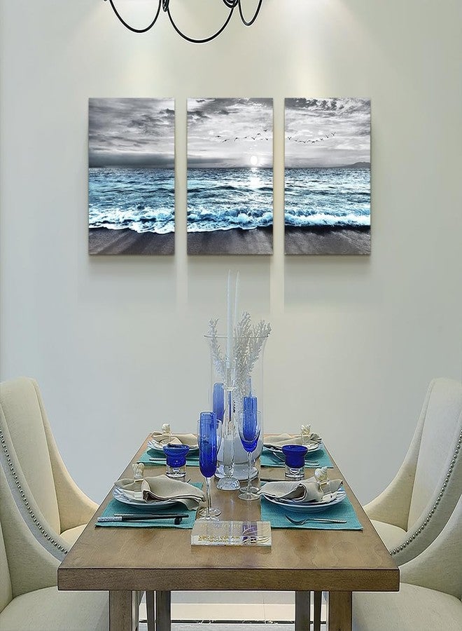 DZRWUBHS Wall Decorations For 3 Piece Framed Canvas Art Bedroom Office Decor Black &White Painting Blue Ocean Sea Wave Pictures Artwork Modern Beach Posters Home Decor,Blue Ocean Landscape Paintings - Image 4