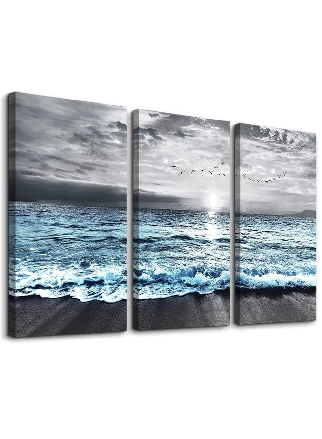 DZRWUBHS Wall Decorations For 3 Piece Framed Canvas Art Bedroom Office Decor Black &White Painting Blue Ocean Sea Wave Pictures Artwork Modern Beach Posters Home Decor,Blue Ocean Landscape Paintings - Image 1