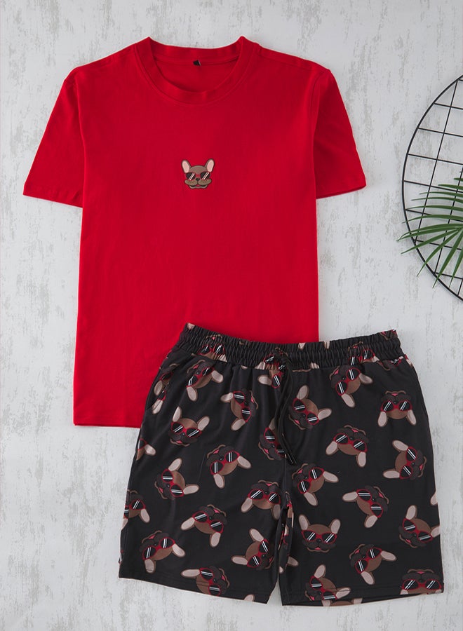 trendyol Red Regular Fit Printed Knitted Pajama Set with Shorts - Image 2