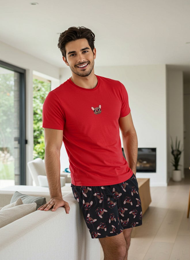 trendyol Red Regular Fit Printed Knitted Pajama Set with Shorts - Image 1